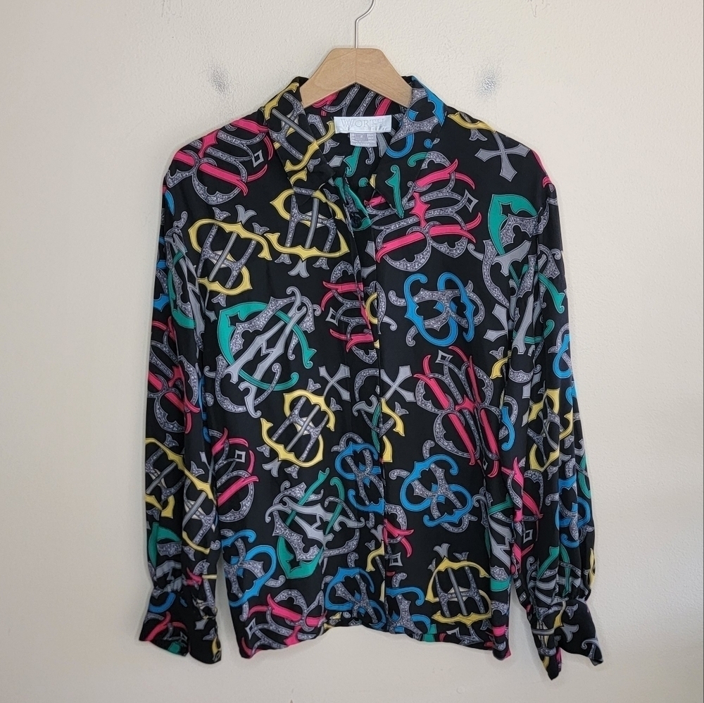 Vintage Worth | Silk Colorful Bold Old Money Print Button Front Blouse Size 2